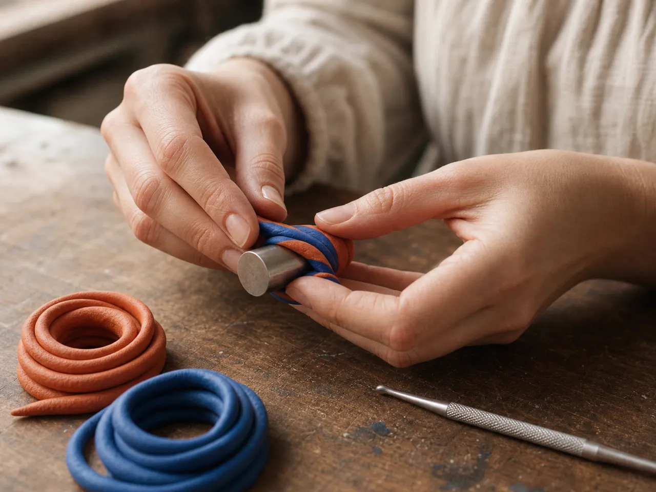 Her hands shaping colorful polymer clay around a lighter-sized form