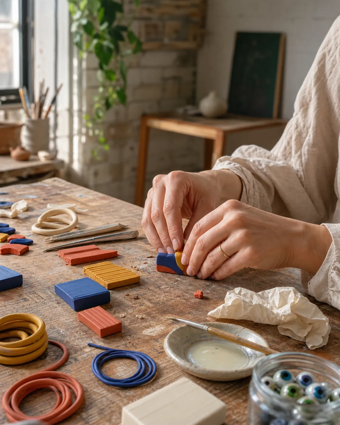 Her hands shaping polymer clay at a Berlin workbench, beside sculpting tools and a jar of glass doll eyes