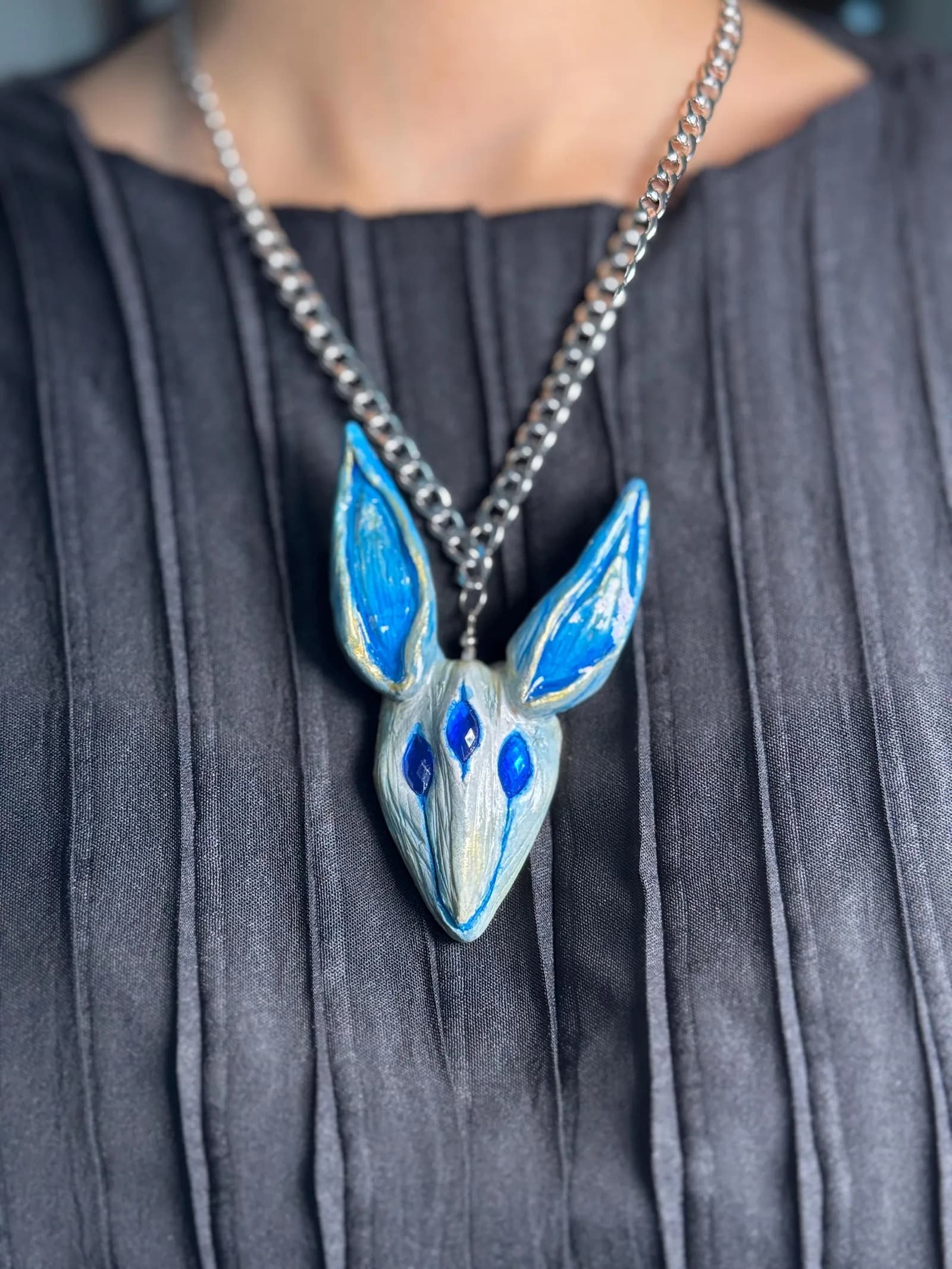Blue Fox Pendant Necklace, handmade polymer clay jewellery