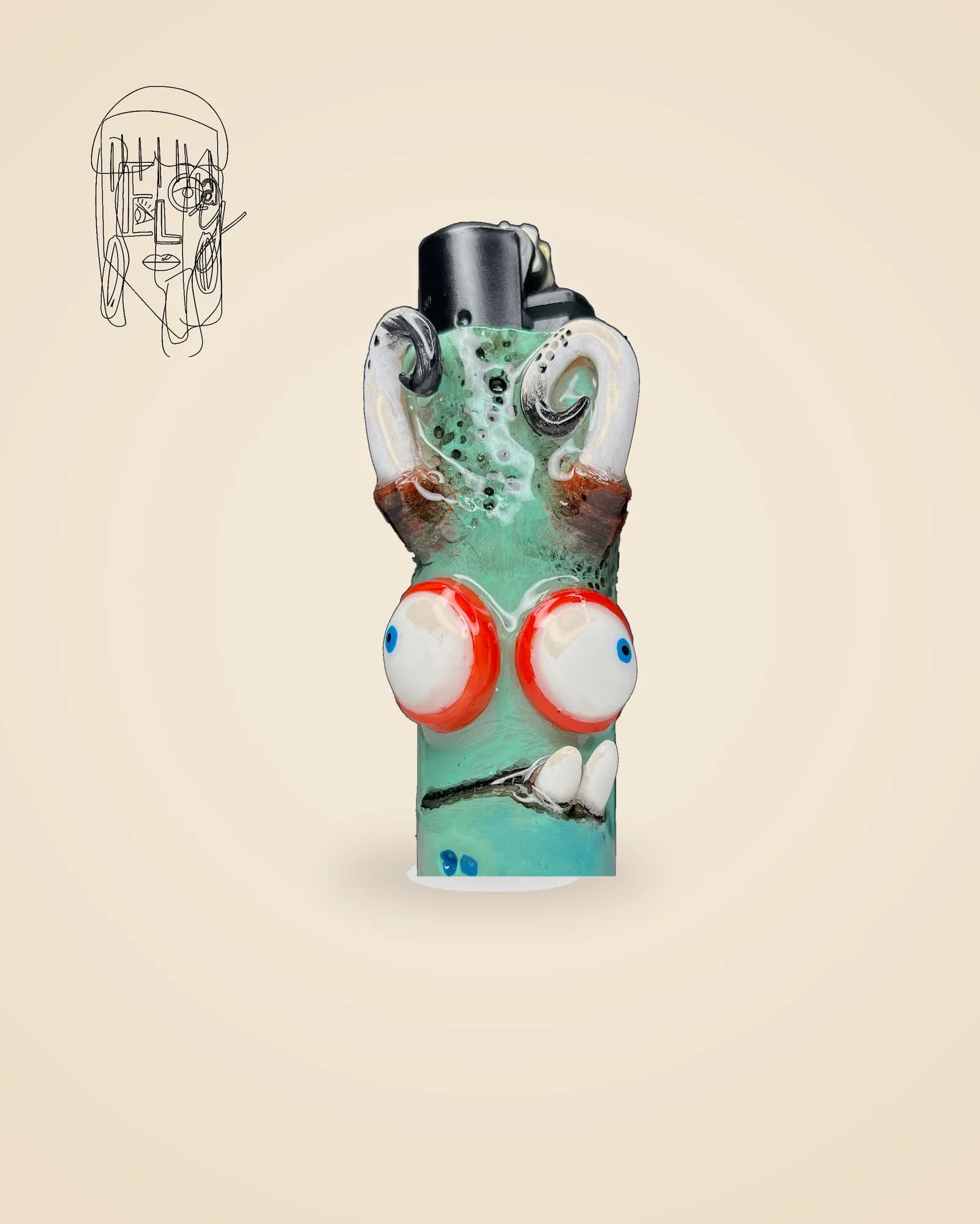 Cross-Eyed Monster, handmade Clipper lighter case