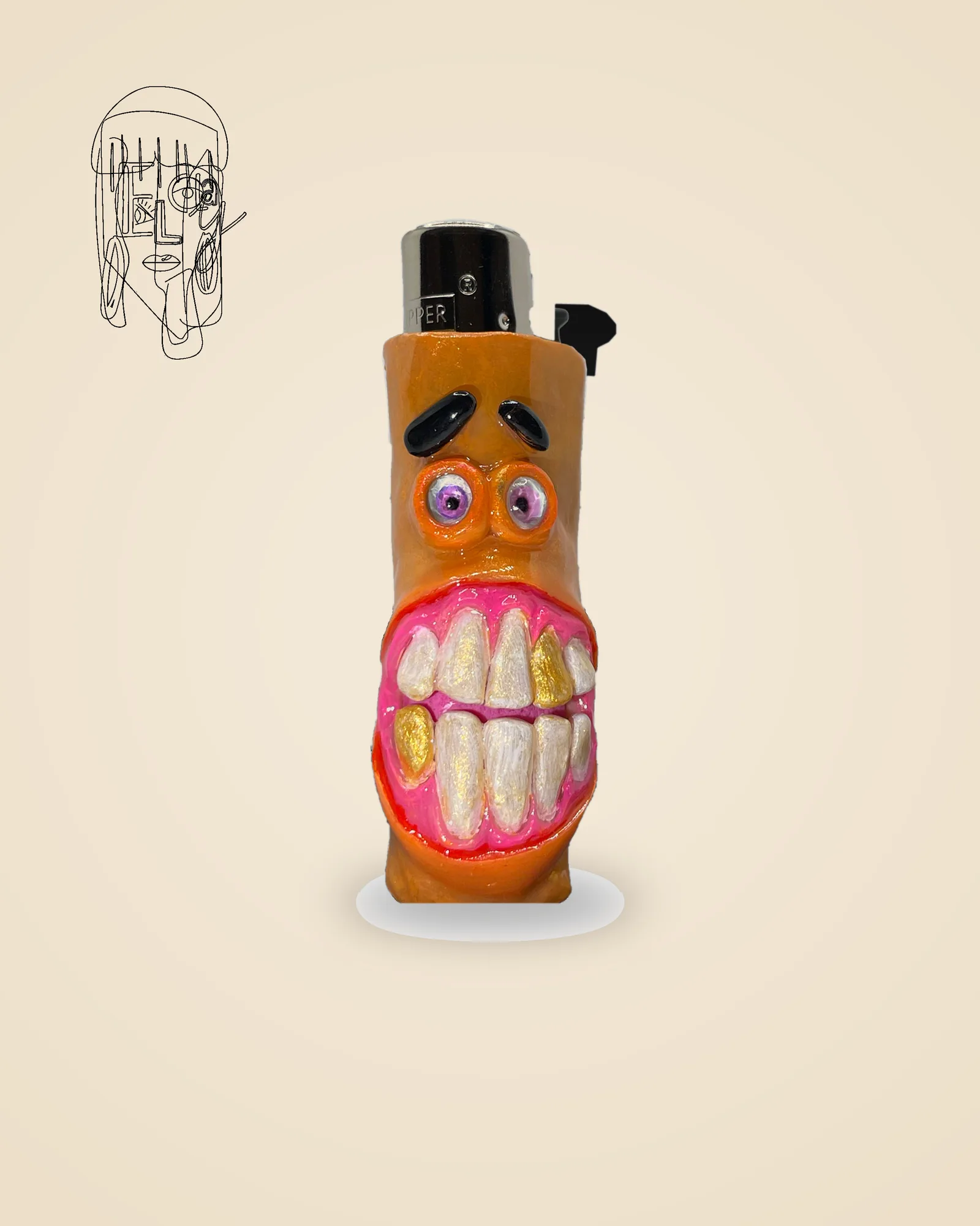 Golden Grin Monster, handmade Clipper lighter case