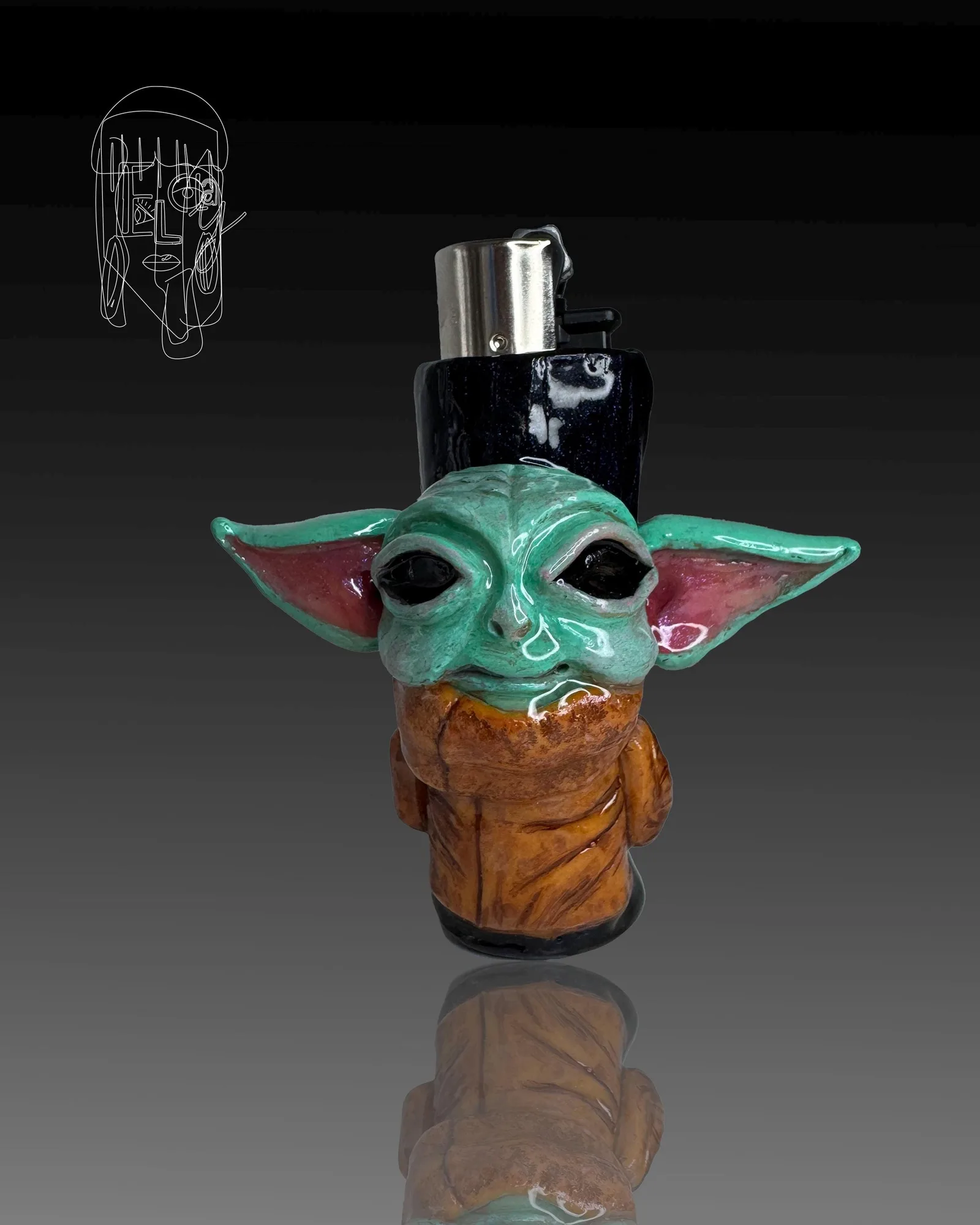 Green Alien, handmade Clipper lighter case
