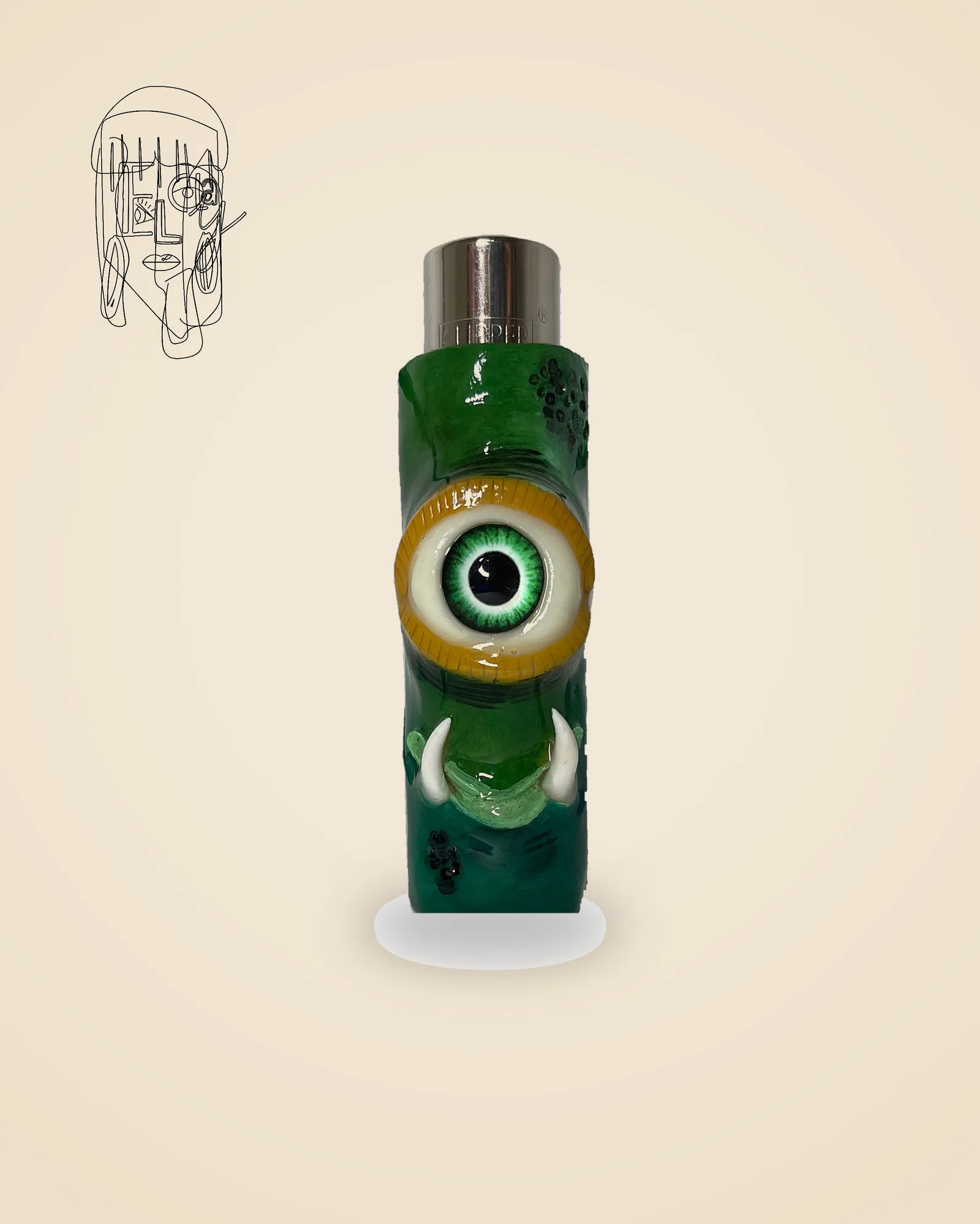 Green Cyclops Monster, handmade Clipper lighter case