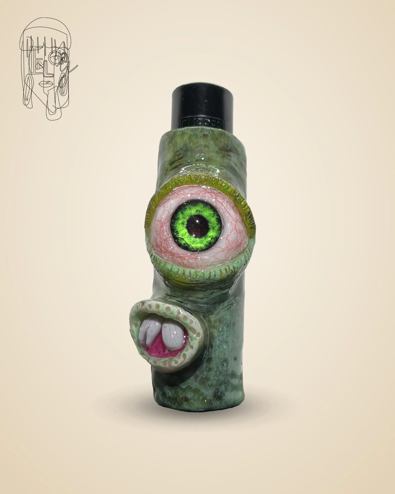 Green One-Eyed Monster, handmade Clipper lighter case