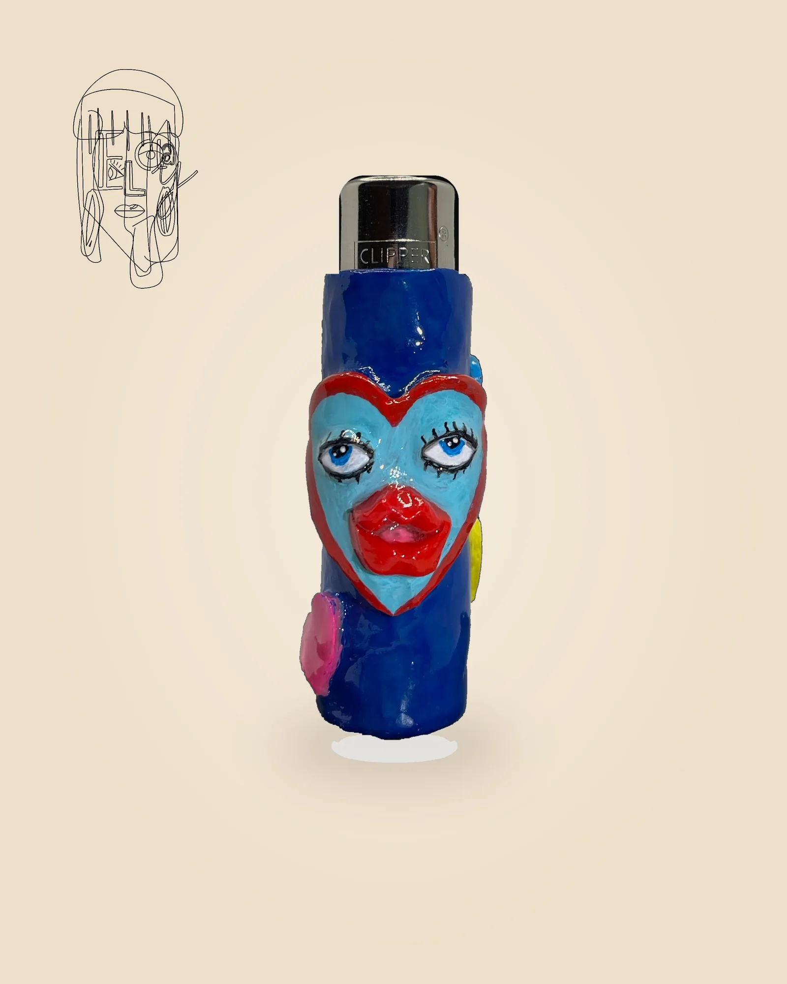 Heart Face, handmade Clipper lighter case