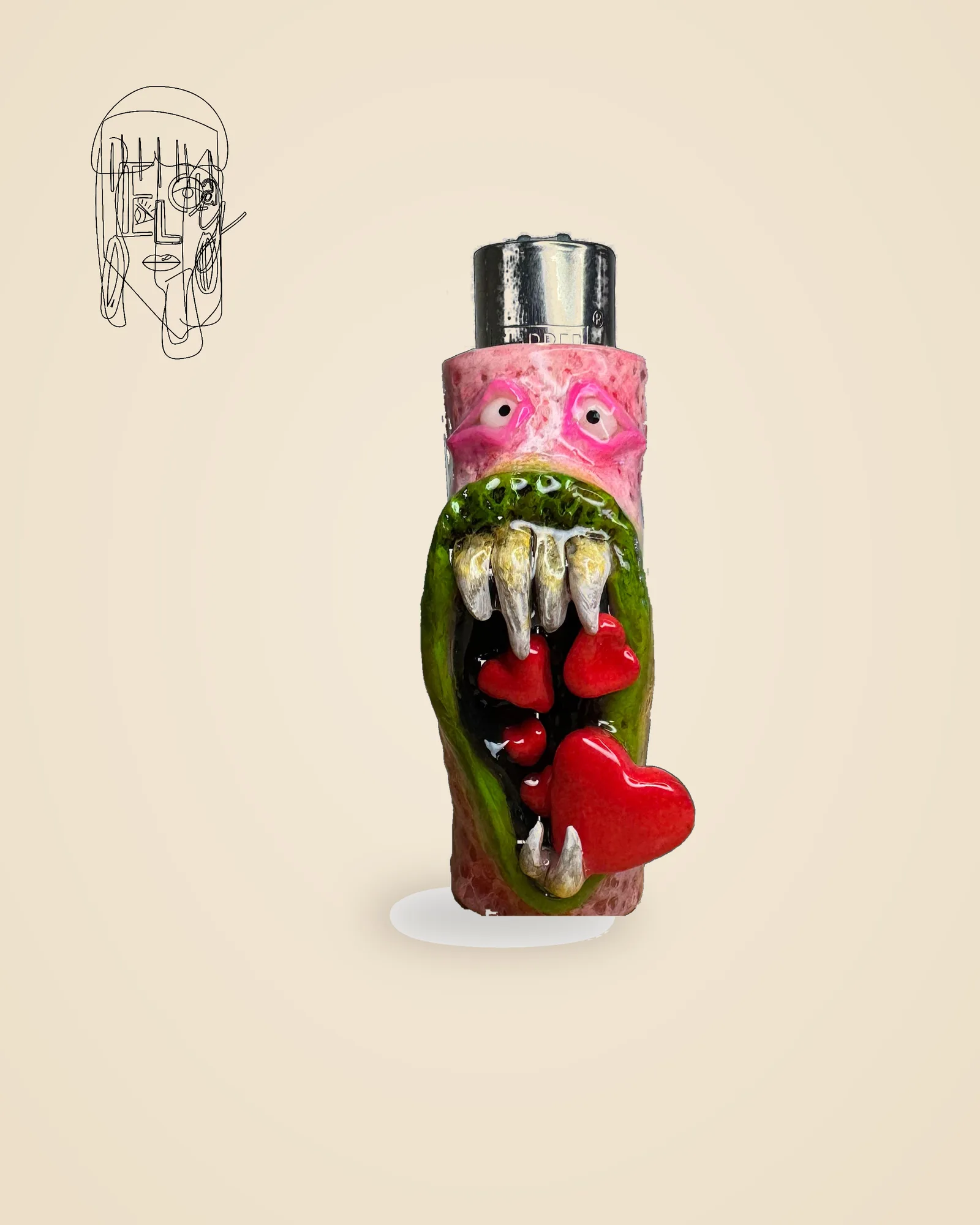Monster Necklace, handmade Clipper lighter case