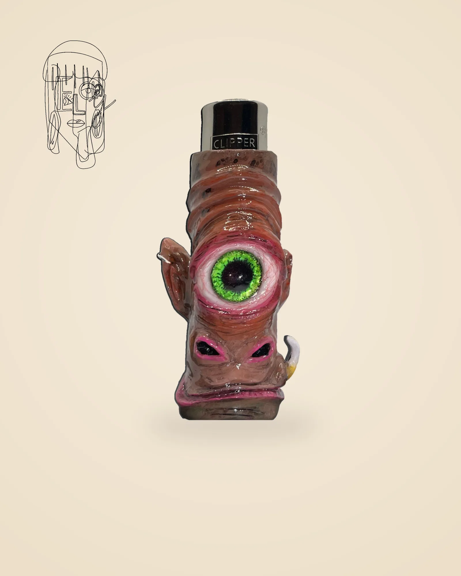 Pierced One-Eyed Monster, handmade Clipper lighter case