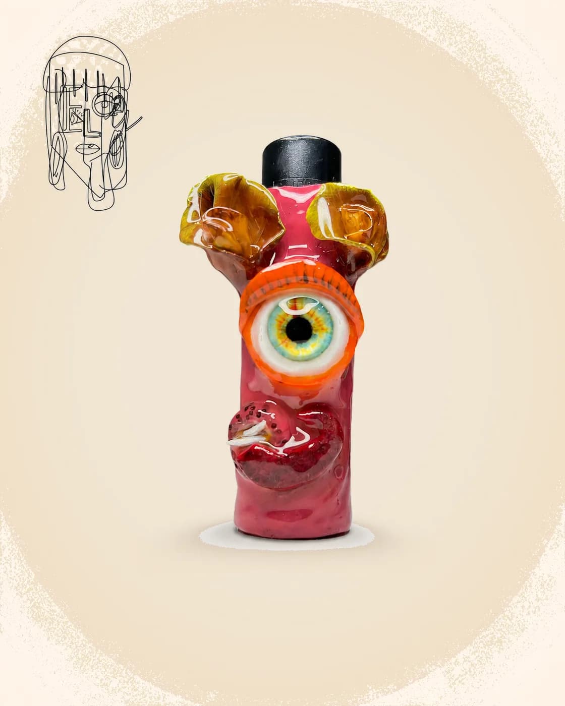 Pink One-Eyed Monster Necklace, handmade Clipper lighter case