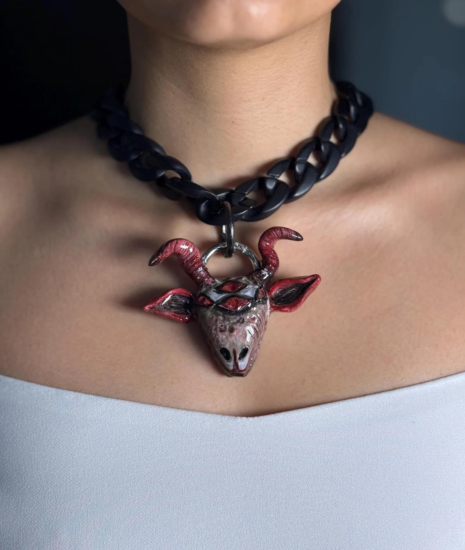 Three Eye Goat Skull Necklace, handmade polymer clay jewellery
