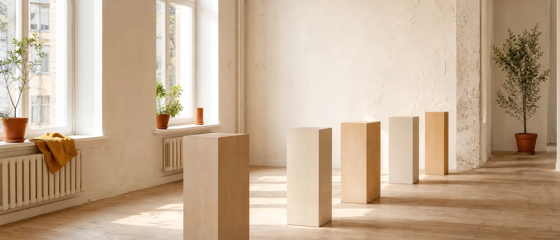 Bright warm gallery room with empty pale-wood display plinths in daylight