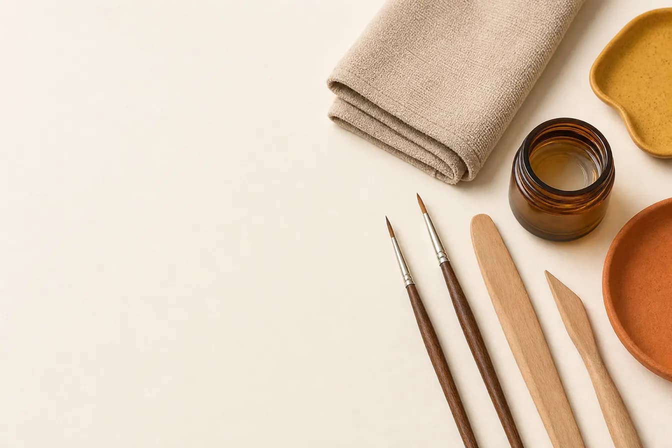 Flat lay of a soft cloth, varnish jar and clay tools on warm cream paper